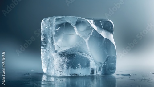 Macro view of an isolated ice cube displaying textured cracks, trapped air bubbles, and a transparent appearance