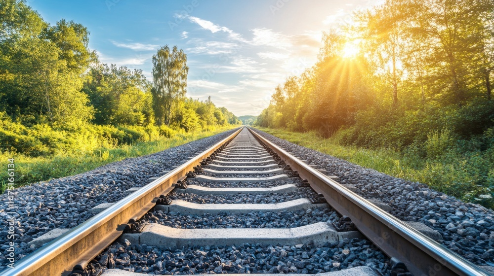Fototapeta premium A long, straight railway track with gravel between the rails, stretching through a dense forest, with sunlight filtering through the trees, representing peaceful solitude.