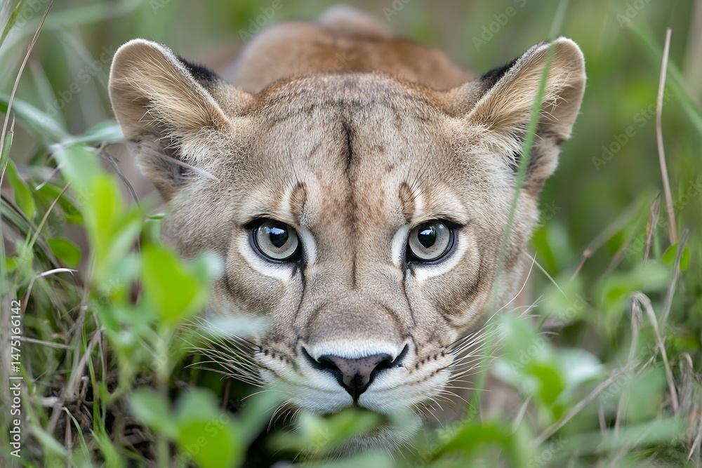 Naklejka premium Close-up of a focused cougar in natural habitat
