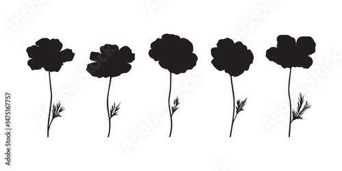 Set of black and white silhouette of poppies on a white background