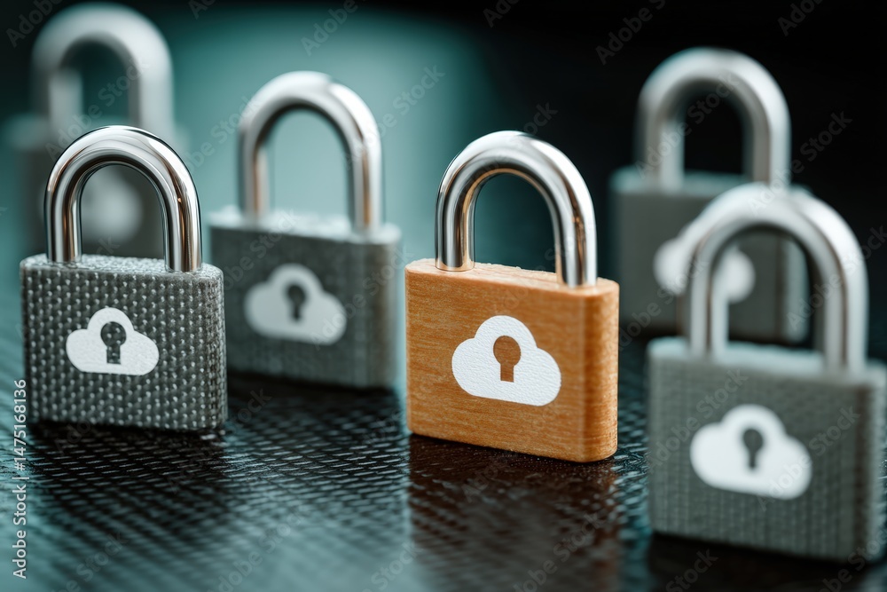 Naklejka premium Multiple padlocks with cloud icons symbolize cloud data security and privacy protection.