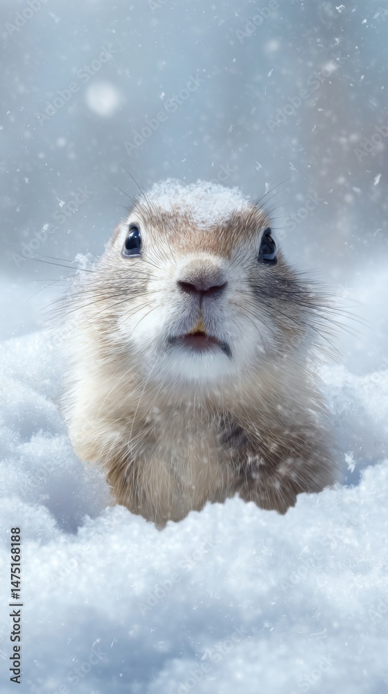 Obraz premium Prairie dog emerging from snowdrift close up portrait in winter snowfall looking up at camera