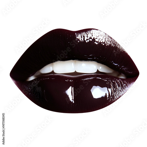 Sensuous lips gleaming with deep berry hue against stark black backdrop