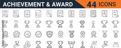  Achievement and award icons set - outline style vector illustration of certificate, badge, trophy, medal, ribbon, prize, and reward elements for success, honor, recognition, and excellence