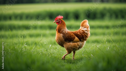 A plump, green-meadow-dwelling chicken leisurely sauntering among lush foliage