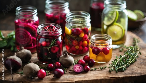 Fototapeta Naklejka Na Ścianę i Meble -  Preparing natural vinegar infusions with fruit and spice in rustic glass jars