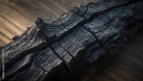 Partially burnt wooden surface with cracks, ashy texture, and natural mineral details