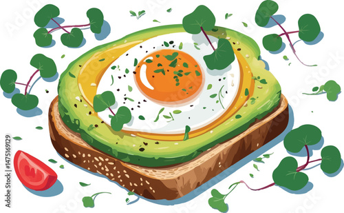 Avocado toast vector in summer flat illustration style