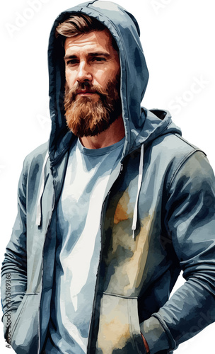 Modern young man watercolor portrait vector in hoodie