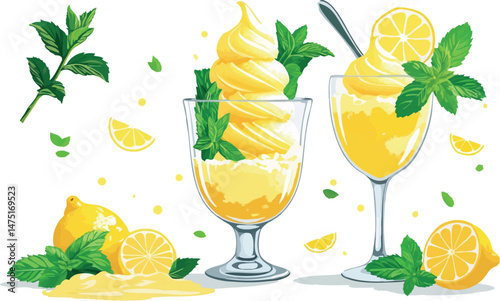 Lemon sorbet dessert vector illustration in fresh summer style