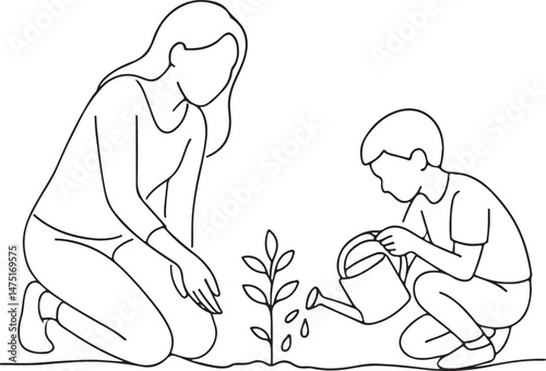 Mother Teaching Son Gardening at Home