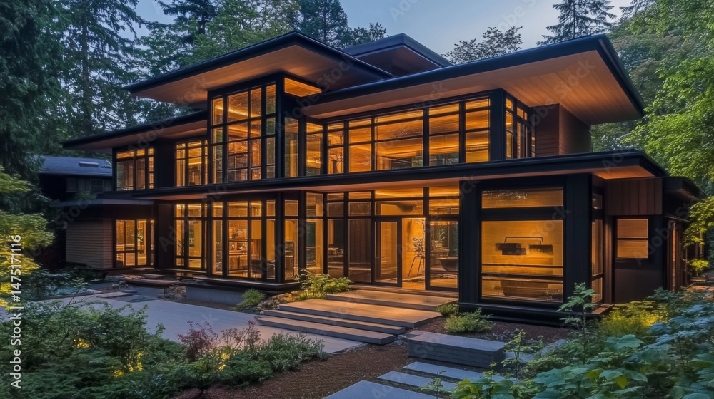 Obraz premium A modern Japanese home blending traditional and contemporary elements, showcasing large windows, a minimalist interior, and natural materials for a harmonious feel.