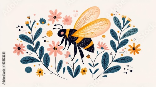 A vibrant illustration of a bee surrounded by beautiful flowers, highlighting the charm of nature's pollinators.