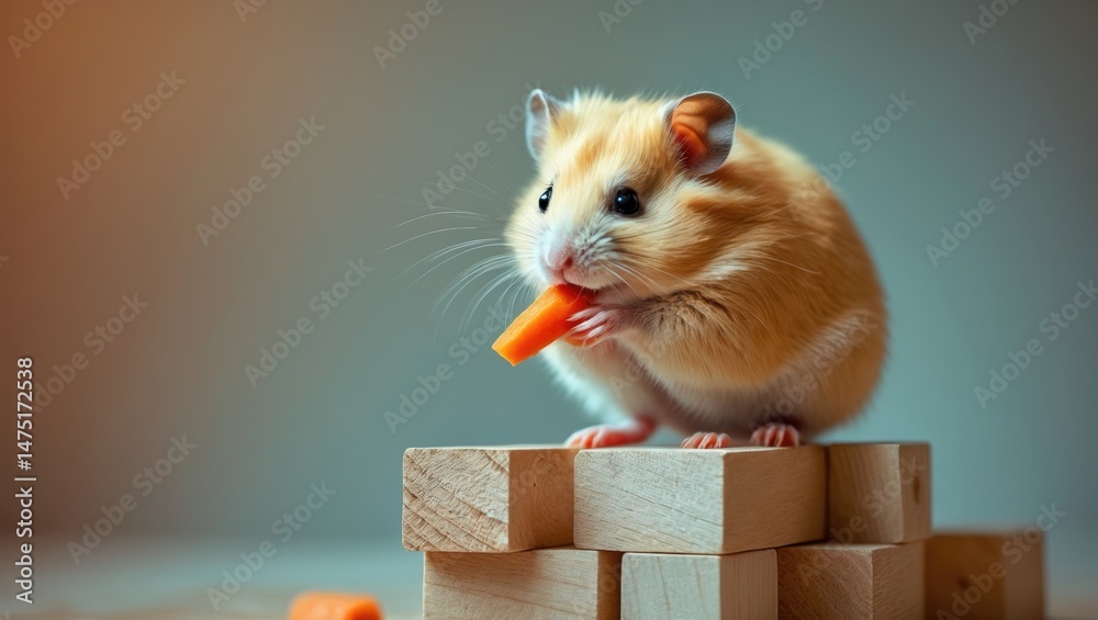 Fototapeta premium Golden Hamster feasting on carrot while perched on building blocks