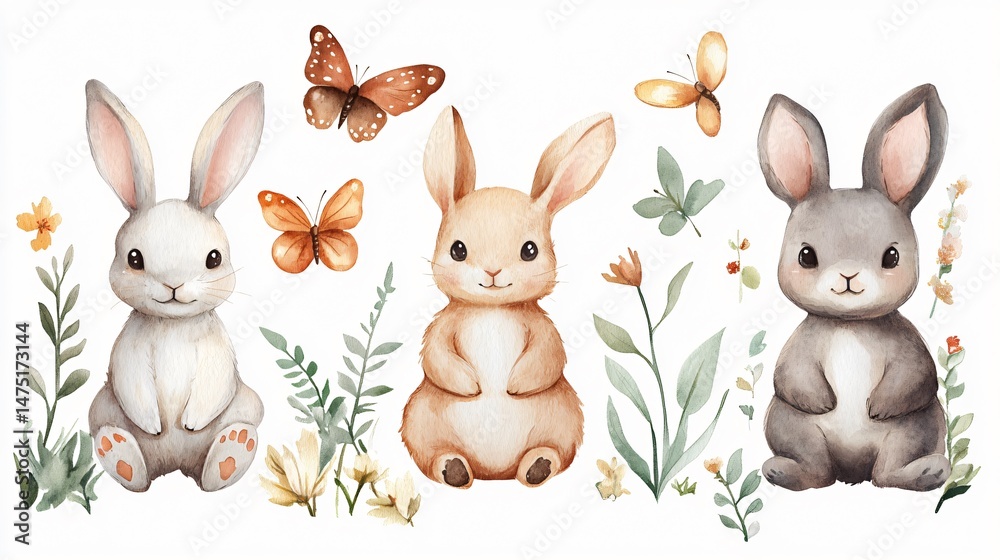 Obraz premium Adorable Bunny, Bear, and Butterfly Drawing - Cute Animal Illustration for Design Projects