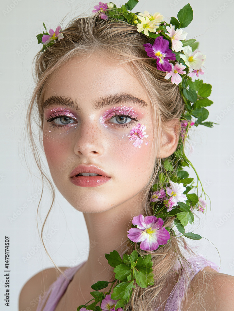 Naklejka premium Beautiful portrait of young woman with floral makeup and flower crown, exuding serene and enchanting vibe