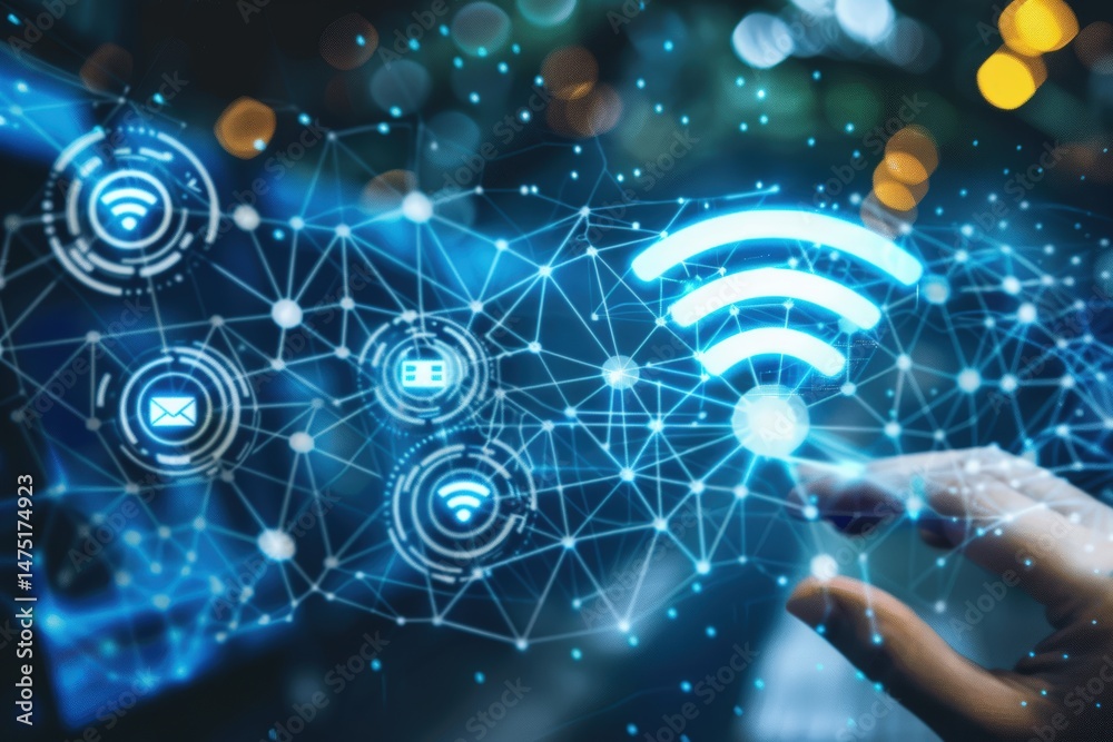 Obraz premium A digital hand interacts with a glowing Wi-Fi symbol and network icons, representing wireless connectivity and modern technology.