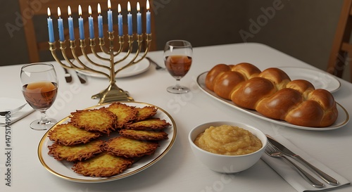 Hanukkah Holiday Table with Traditional Foods photo