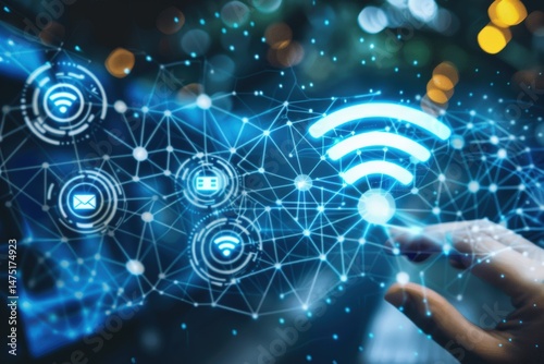 Wallpaper Mural A digital hand interacts with a glowing Wi-Fi symbol and network icons, representing wireless connectivity and modern technology. Torontodigital.ca