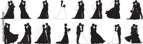 Romantic Wedding Couple Silhouette: A Beautiful Bride and Groom Embrace in a Loving Pose, Capturing the Joy and Romance of Marriage, Perfect for Wedding Invitations, Celebrations, and “Just Married”