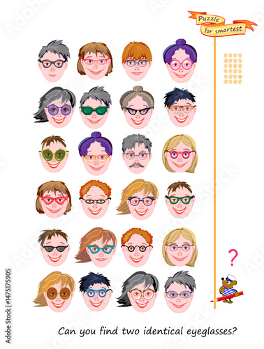 Can you find two identical eyeglasses? Logic puzzle for children and adults. Game Seek and Find. Page for kids brain teaser book. Task for attentiveness. IQ test. Play online. Hand drawn flat vector.