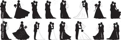 Romantic Wedding Couple Silhouette: A Beautiful Bride and Groom Embrace in a Loving Pose, Capturing the Joy and Romance of Marriage, Perfect for Wedding Invitations, Celebrations, and “Just Married”