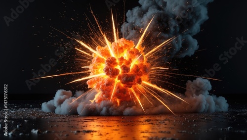 Genuine fiery explosion with sparks and smoke set against a plain backdrop