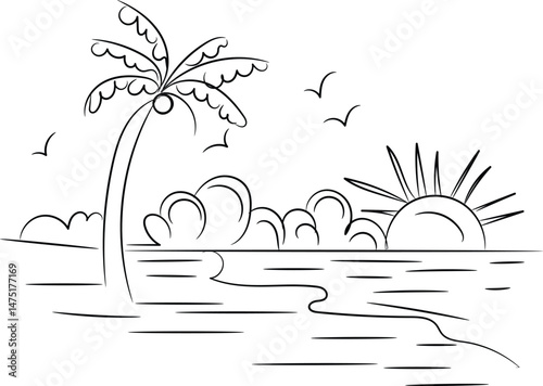 Simple Line Drawing of a Tropical Beach Sunset Scene with Palm Tree