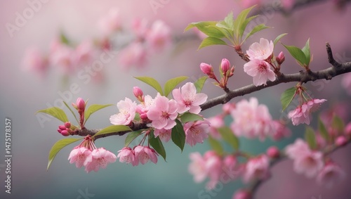 A limb adorned with dainty pink blossoms and lively green foliage illustrating the beauty of the natural world