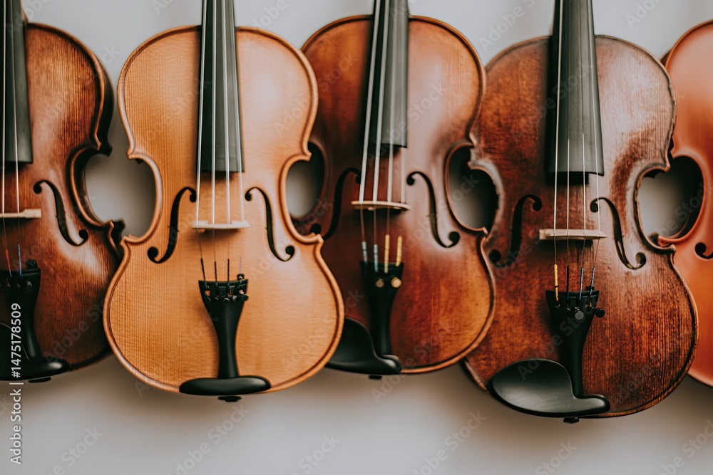 Naklejka premium Row of violins hanging, various shades of wood. Detailed view of instruments