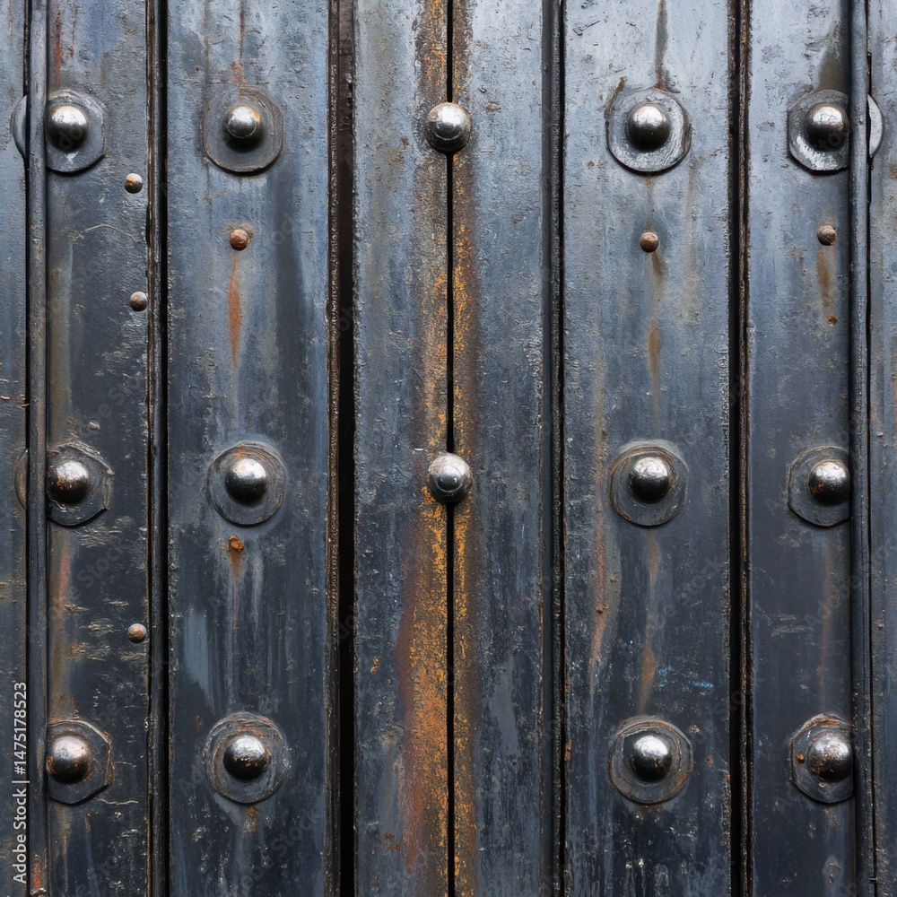 Fototapeta premium Close up of an old black metal security gate with rivets and rust showing its age and texture from eye level