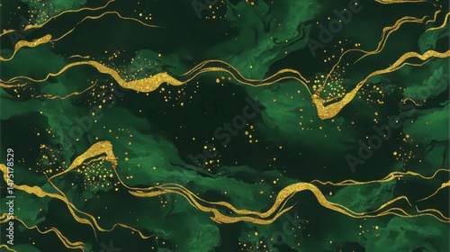 Emerald Green and Gold Abstract Background Texture with Glittering Accents and Flowing Lines for Luxury Design
