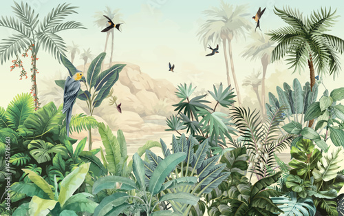 Watercolor Landscape Wallpaper Wall Decor Home Renovation Wall, Tropical Mural Illustration