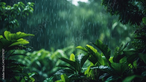Fototapeta Naklejka Na Ścianę i Meble -  Outdoor lush forest environment during a heavy tropical rainstorm