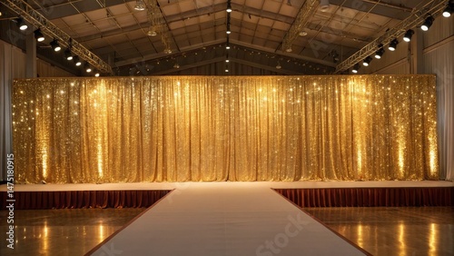 Wallpaper Mural Glittering Gold Stage Backdrop Runway, Curtain, Lighting, Event, Gold sequin backdrop, stage lighting Event Decor, Stage Design Torontodigital.ca