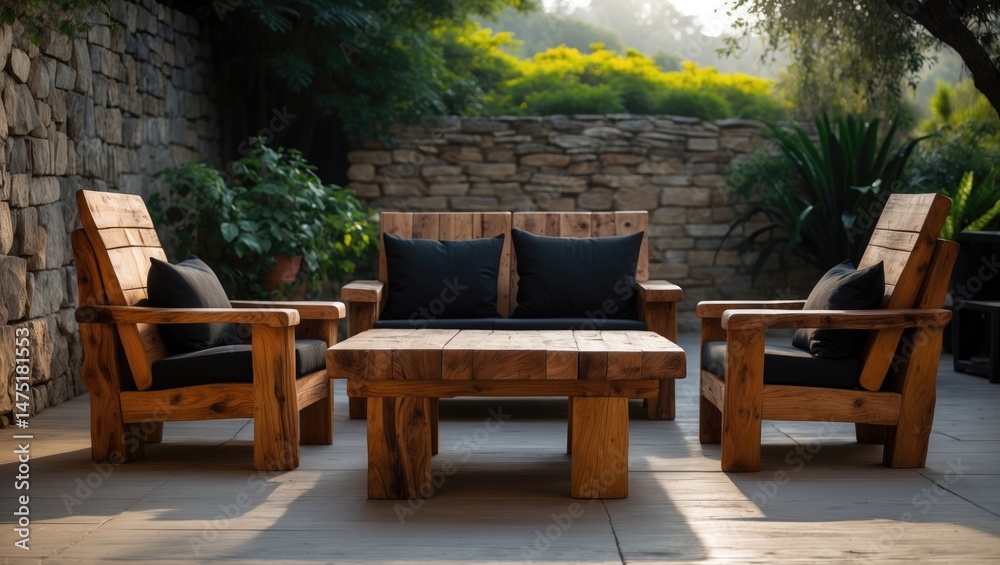 Solid Natural Wood Table and Couch Set on the Outdoor Terrace Solid Natural Wood Table and Couch Set on the Outdoor Terrace