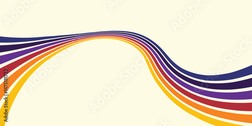 Abstract colorful 70s background vector. Vintage retro wallpaper with rainbow stripes and wavy lines. A 1970 color illustration suitable for posters, banners, decorative items and wall art.