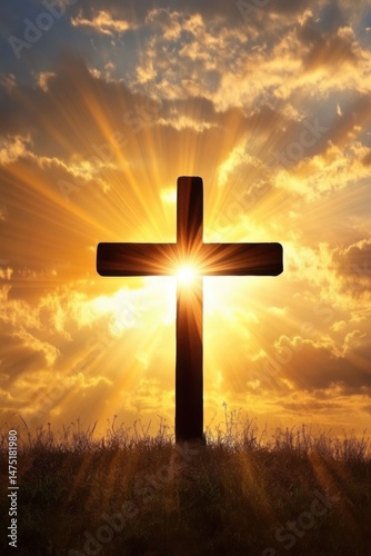Silhouette of a wooden Christian cross on a hill at sunset with sun rays shining through the clouds religious symbol of faith