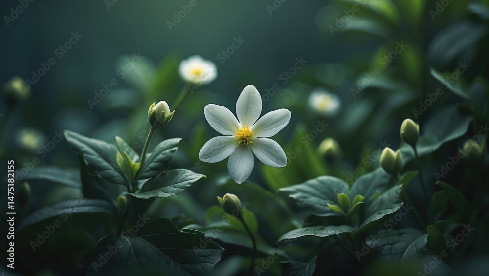 Fototapeta premium Tiny white flower standing alone amidst blooming flora and leaves