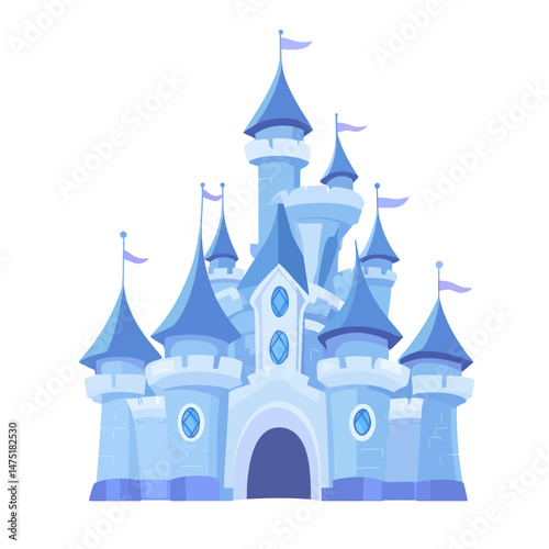 The design of an alluring blue castle complete with tall towers and flags embodies a fanciful theme of travel
