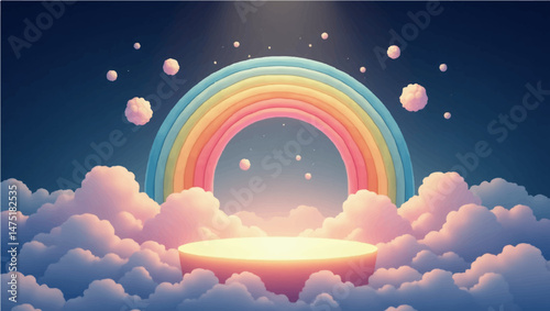 A pastel-colored rainbow arch with fluffy clouds at both ends, set against a night sky with small glowing stars. A round, sky blue platform is placed in the center below the rainbow. 
