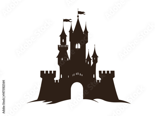 Modern design is showcased through a simple black silhouette of a castle set against a white background as an icon
