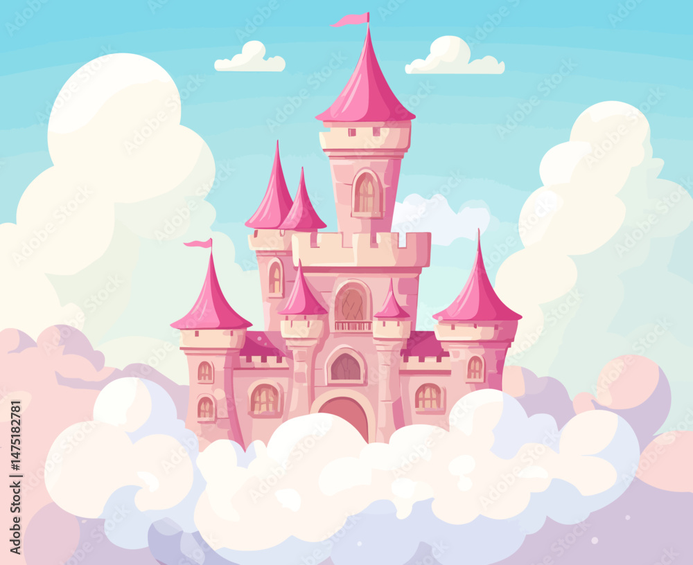 Fototapeta premium In this modern and fabulous illustration, a cartoon fairy tale setting includes a pink castle, a medieval magic tower, a princess castle surrounded by pink clouds, a majestic pink castle, and a