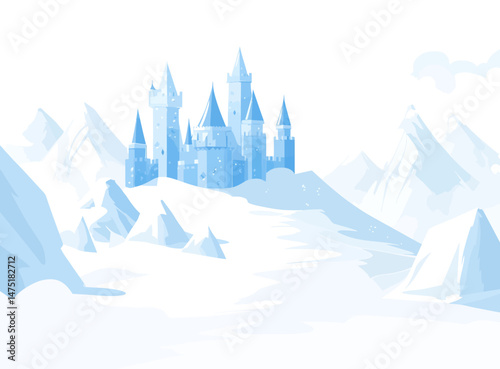 In the still of night, a modern magic castle stands proudly within a range of frozen mountains