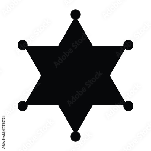 Sheriff star badge vector icon. Six-pointed law enforcement symbol used in Wild West, security, or authority themes. Black silhouette isolated on white background.