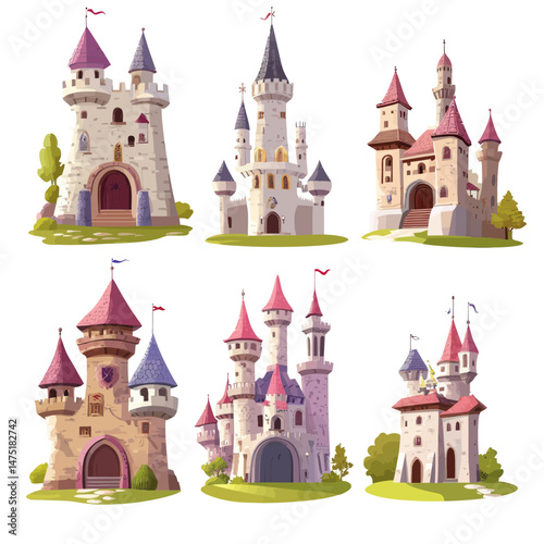 In a fairytale illustration set, a medieval tower and modern cartoon castle represent a fantasy palace building in a kingdom, situated in fairyland and isolated on white