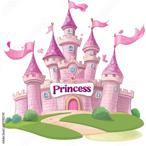 In a fairytale setting, a beautiful castle for a princess stands tall in a magic kingdom, evoking the charm of a vintage palace and the fantasy of wonderland, captured as an isolated cartoon