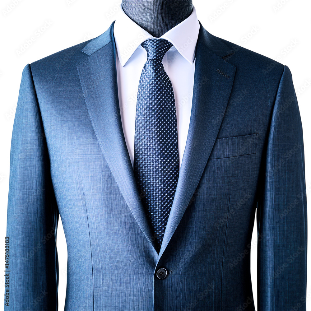 Elegant blue business suit with patterned tie and white shirt isolated on a transparent background Elegant blue business suit with patterned tie and white shirt isolated on a transparent background