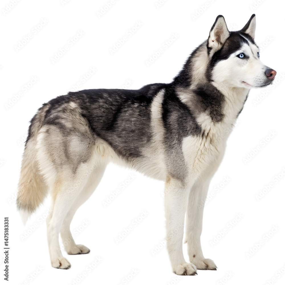 Fototapeta premium Loyal Husky in Profile: A majestic husky stands in a poised stance, its piercing blue eyes fixed with determination, demonstrating the breed's loyalty and strength.