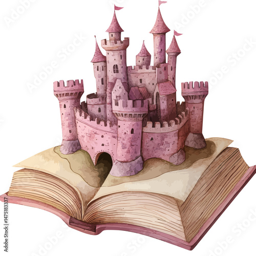 The illustration of a magical castle in a book of fairy tales showcases a watercolor painting and pastel colors, symbolizing a historical imagination monument and memorial isolated on white